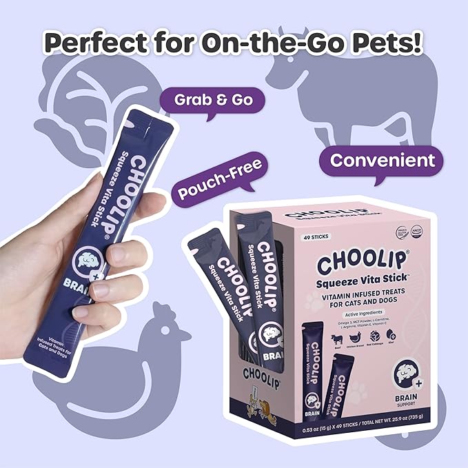 Choolip Squeeze Vita Stick Lickable Cat and Dog Treats – 49-Count Brain Support Sticks with Multivitamins, Soft Squeezable Paste for All Life Stages, Supporting Brain Health