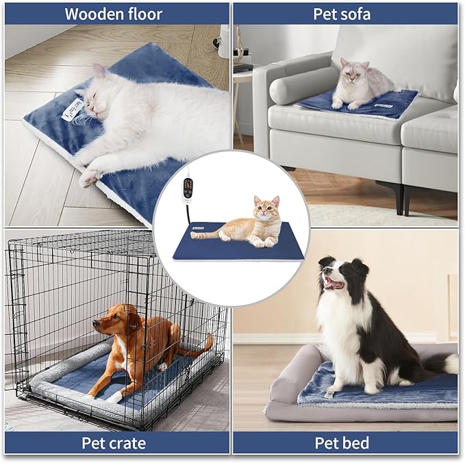 Rest-Eazzzy Heated Cat Bed with Removable Cover, 5 Level Timer & Temperature, Indoor Warming Mat for Cats & Dogs (Heat Pad, Pure-Blue, M)