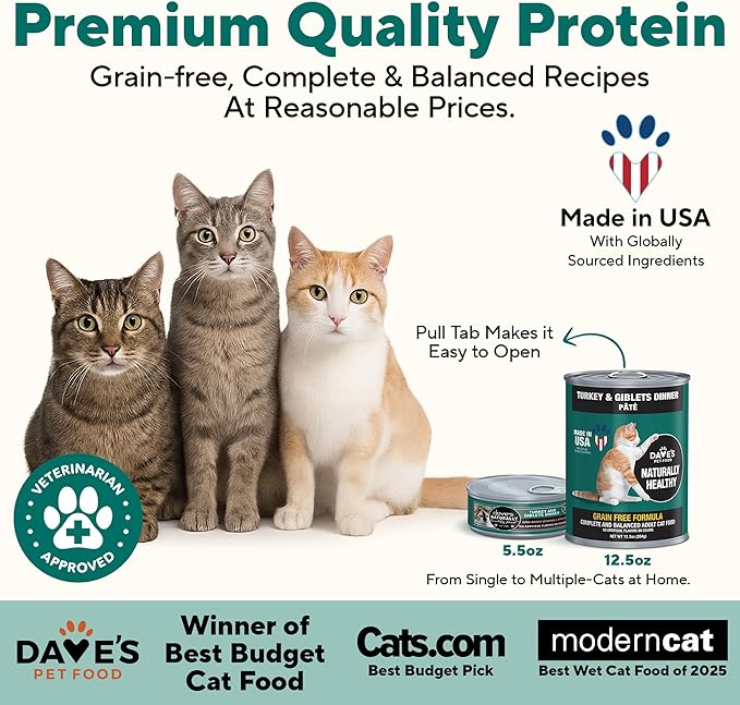 Dave's Pet Food Grain Free Canned Cat Food (Turkey & Giblets Pate), Made in USA Naturally Healthy Canned, Canned Pate, 12.5 oz Cans (12 Pack)