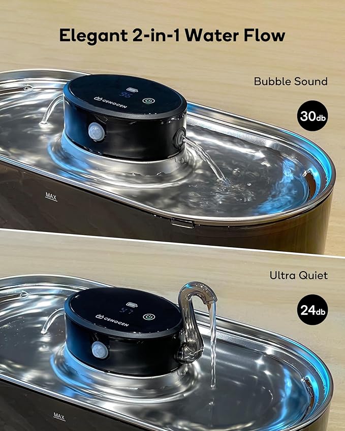 Cat Water Fountain Cordless, 108oz/3.2L Wireless Cat Fountains for Drinking, Pet Water Fountains for Cats Indoor, Automatic Cat Water Dispenser Battery Operated Rechargeable, Stainless Steel Black