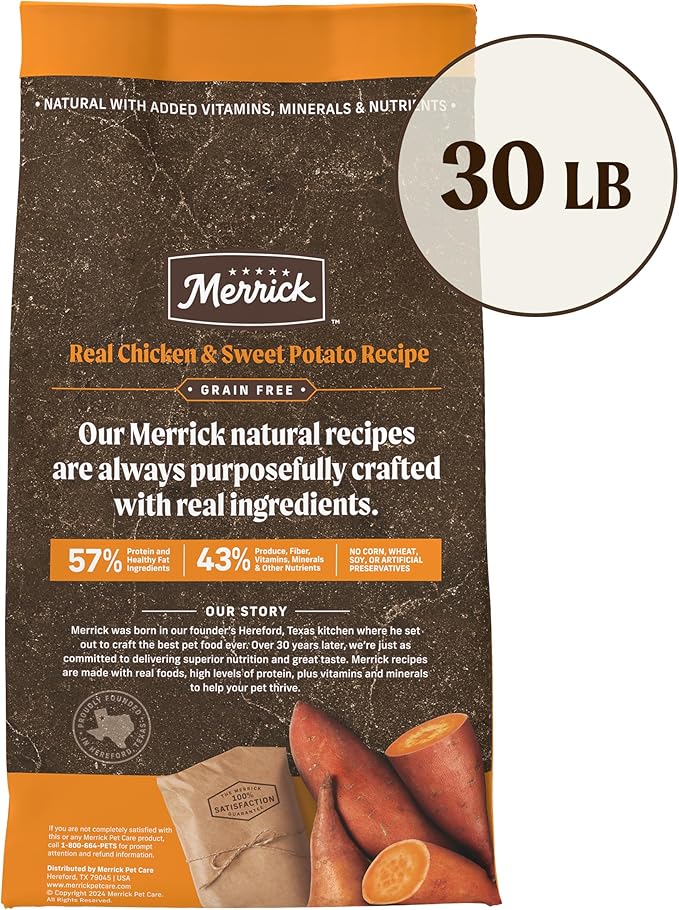 Merrick Premium Grain Free Dry Adult Dog Food, Wholesome And Natural Kibble With Real Chicken And Sweet Potato - 30.0 lb. Bag