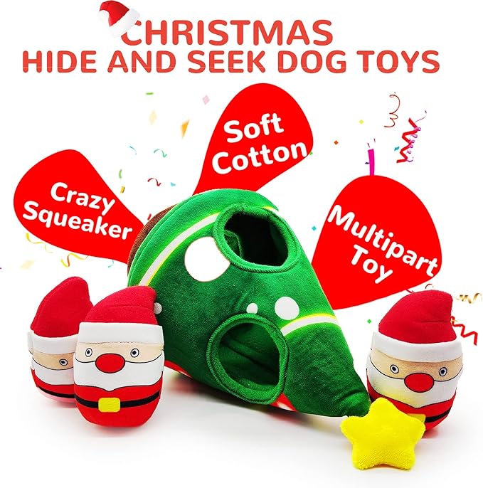 Christmas Dog Toys, Dog, Xmas Christmas Tree, Santa Claus Hide and Seek Puzzle Squeaky Plush Rope Chew Fetch Brain Stimulating Toy Presents for Small Medium Dogs