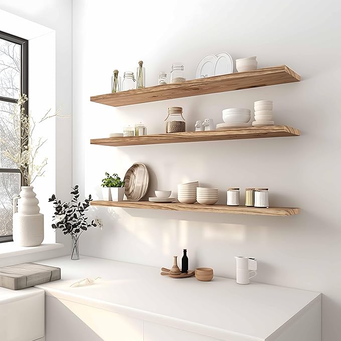 48 Inch Light Wood Floating Shelves for Wall Rustic Wall Shelf for Bedroom Living Room Set of 4