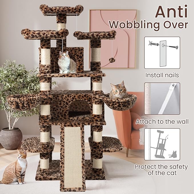 SHA CERLIN 68 Inches Multi-Level Large Cat Tree for Large Kitties/Big Cat Tower with Condo/Cozy Plush Pussycat Perches/Sisal Scratching Posts and Hammocks/Activity Center/Leopard Print