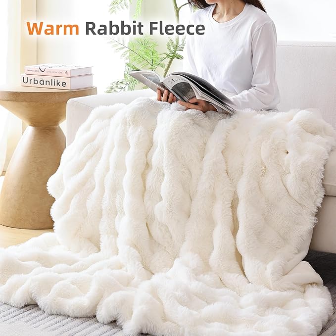 Smoofy Faux Fur Throw Blanket for Couch – Cream White Fluffy Cozy Rabbit Fleece, Plush Soft Bubble Blanket for Sofa & Bed, for Mom, Warm Fuzzy Home Room Decor Throw 50" x 60"