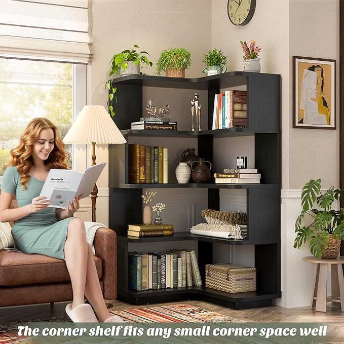 Armocity Corner Book Shelf - 5 Tier Corner Bookshelf Etagere Bookcase with Baffle, Freestanding L Shaped Display Shelf Stand for Home Office, Living Room, Bedroom, Kitchen, Black