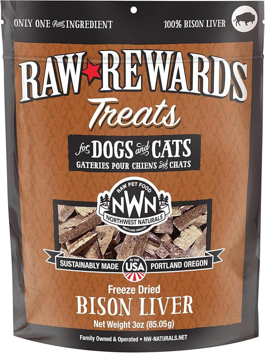 Northwest Naturals Raw Rewards Freeze-Dried Bison Liver Treats for Dogs and Cats - Bite-Sized Pieces - Healthy, 1 Ingredient, Human Grade Ingredients, All Natural, Proudly Made in USA, 3 Oz