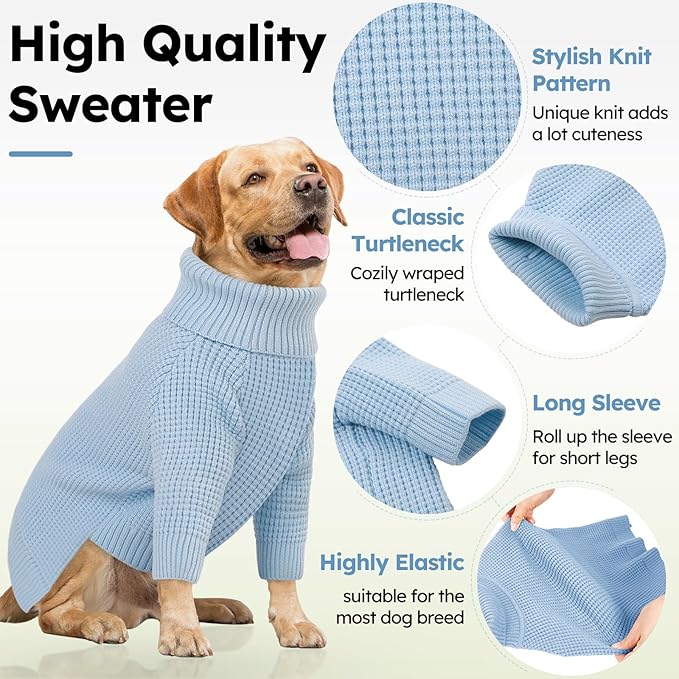Queenmore Dog Sweaters for Small Dogs Male, Turtleneck Fall Doggie Sweater, Waffle Knit Sweater for Dogs, Cat Sweater Puppy Sweaters, Puppy Christmas Sweater, Blue XS