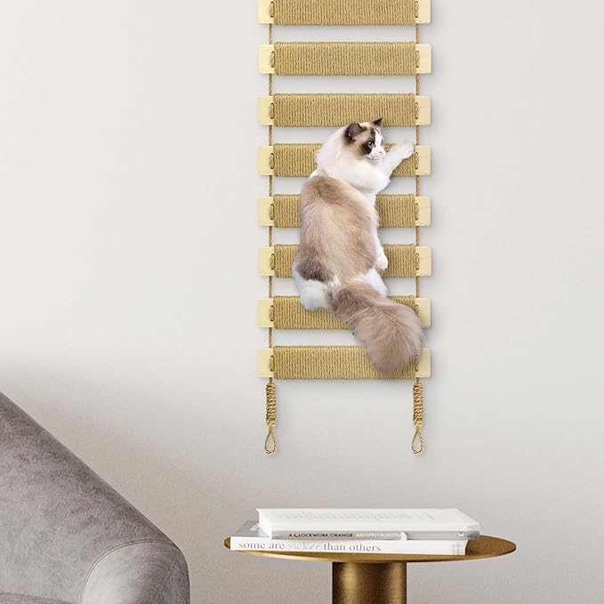 Multi-Functional Cat Ladder & Bridge - Sisal Rope Climbing Frame Wall Furniture for Indoor/Outdoor Cats, Cage Accessories, Parrots, Small Pets (Wood Tone)