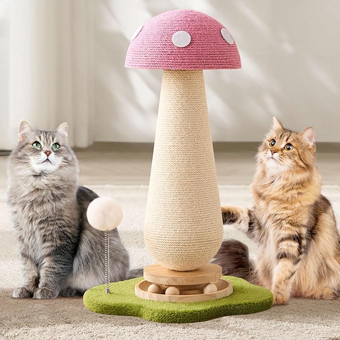 Mushroom Cat Scratching Post Cat Tree, 21.5โโ H Cute Cat Scratcher Tower with Durable Solid Wood Turntable Toy, Baby Pink Mushroom Scratch Post Cat Sisal Scratcher with Catnip for Indoor Adult Cats