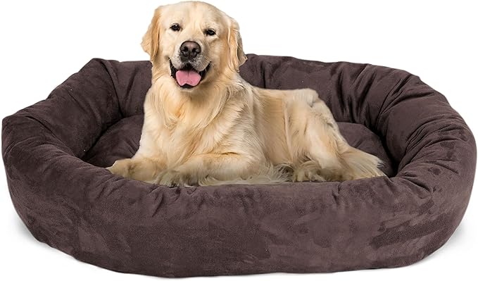 Majestic Pet 40 Inch Suede Calming Dog Bed Washable 40x29x9 (Inch) – Cozy Soft Round Donut Dog Bed with Spine Support for Dogs to Rest their Head - Round Pet Bed Large – Chocolate