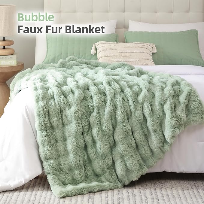 Smoofy Faux Fur Throw Blanket for Couch – Sage Fluffy Cozy Rabbit Fleece, Plush Soft Bubble Blanket for Sofa & Bed, for Mom, Warm Fuzzy Home Room Decor Throw 60" x 80"