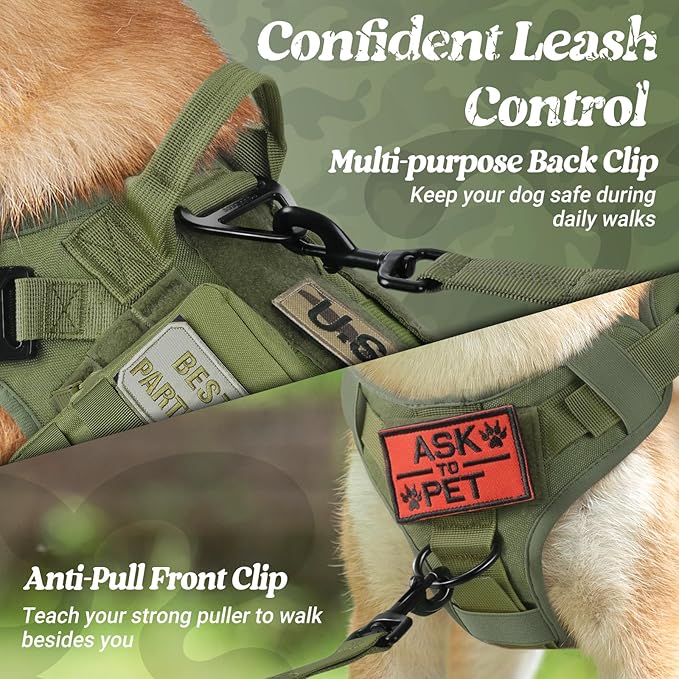 rabbitgoo Tactical Dog Harness for Large, Heavy Duty Pet Harness with Handle, No-Pull Service Vest Large Breed, Adjustable Military Dog Vest for Training Hunting Walking, Green, L