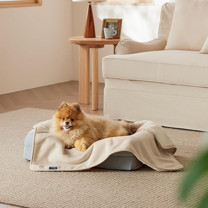 Bedsure Cat Blanket for Indoor Cats - Waterproof Calming Cat Blankets for Kitten, Sherpa Fleece Pet Blanket, Soft Plush Reversible Throw Furniture Protector, 35"x25", Cream