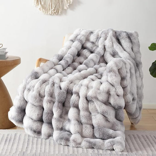 Smoofy Faux Fur Throw Blanket for Couch Rabbit Fleece - Tie-dye Grey Fluffy Blanket for Sofa Bedroom Living Room, Cozy Soft Plush Luxury Thick Winter Fuzzy Comfy Bubble Blanket - 60" x 80"