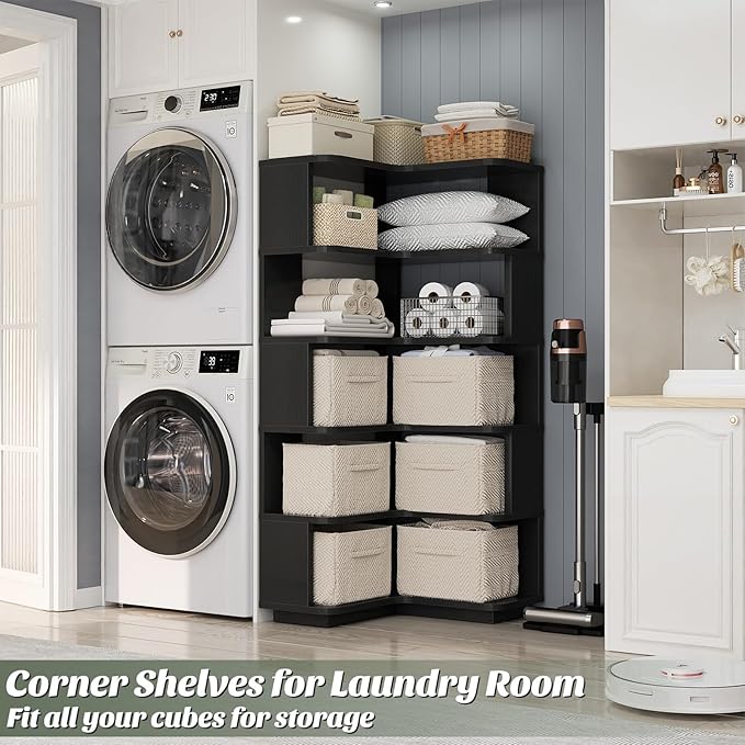 Armocity Corner Book Shelf - 6 Tier Corner Bookshelf Etagere Bookcase with Baffle, Freestanding L Shaped Display Shelf Stand for Home Office, Living Room, Bedroom, Kitchen, Black