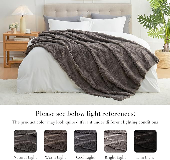 Amélie Home Luxury Striped Faux Fur Throw Blanket for Couch, Soft Cozy Fuzzy Fluffy Plush Blankets for Sofa Chair Gift for Women, 55"x70", Charcoal Gray