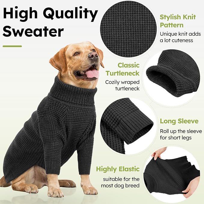 Queenmore Dog Turtleneck Long Sleeve Knitted Pet Sweater with Check Pattern - Fall Winter Warm Dog & Cat Sweater, Charcoal Gray XL