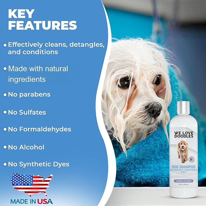 Dog Shampoo, Conditioner & Detangler - Best Shampoo for Goldendoodles, Poodles & Doodles - for Matted Pet Hair - Sensitive Skin Shampoo for Puppies - Made in The USA, 16OZ (Lavender)