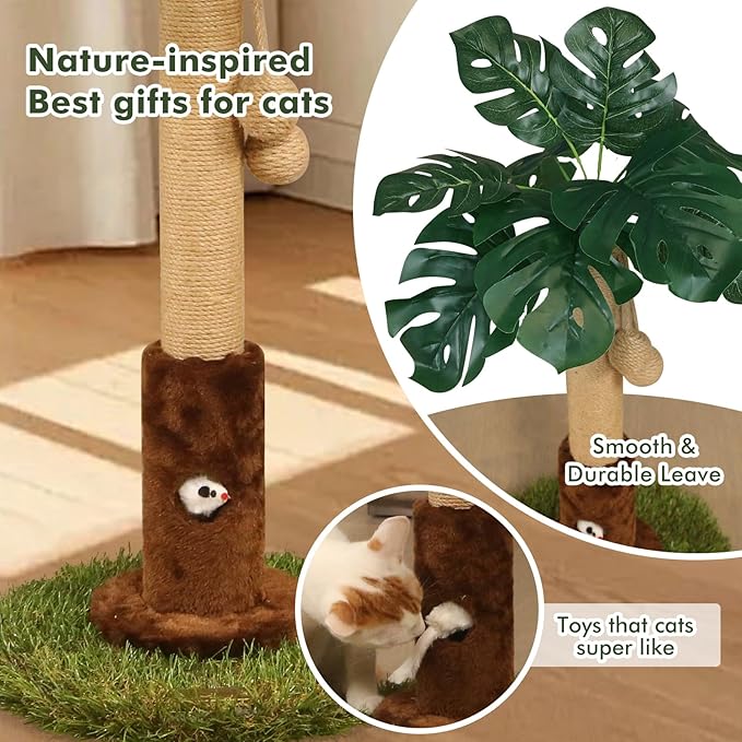 Cat Scratching Posts Cat Trees 26.4" Tall with Sisal Rope Cat Toy and Hanging Ball for Indoor,Wooden Palm Tree Cat Scratch Pole for Kitty
