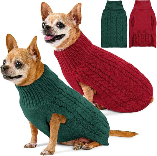 2 Pack Dog Sweaters for Small Dogs Turtleneck Pullover Cable Knit Puppy Stretch Clothes Chihuahua Yorkie Pomeranian Toy Poodle Boy Girl Pets Winter Doggie Clothes (S, Red & Green)