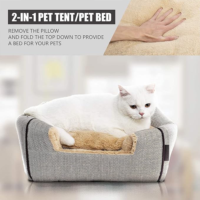 Cat Bed - Cat Cave House Tent with Washable Cushioned Pillow, Soft Kitten Beds, Pet Furniture (Large, Beige)