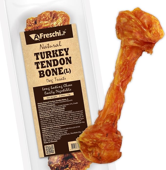 AFreschi Turkey Tendons for Dogs, USA-Sourced, Healthy Dog Treats, Rawhide-Free Puppy Chews, Long Lasting, All Natural, Hypoallergenic Dog Treats for Large Breeds, 1 Count Pack Bone (L)