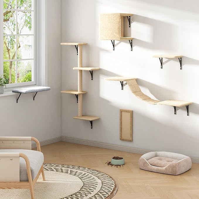 Cat Wall Shelves, Wall Mounted Cat Furniture, Cat Wall Cimber with Perches, Scratchers and Condo, Set of 5 (Beige)