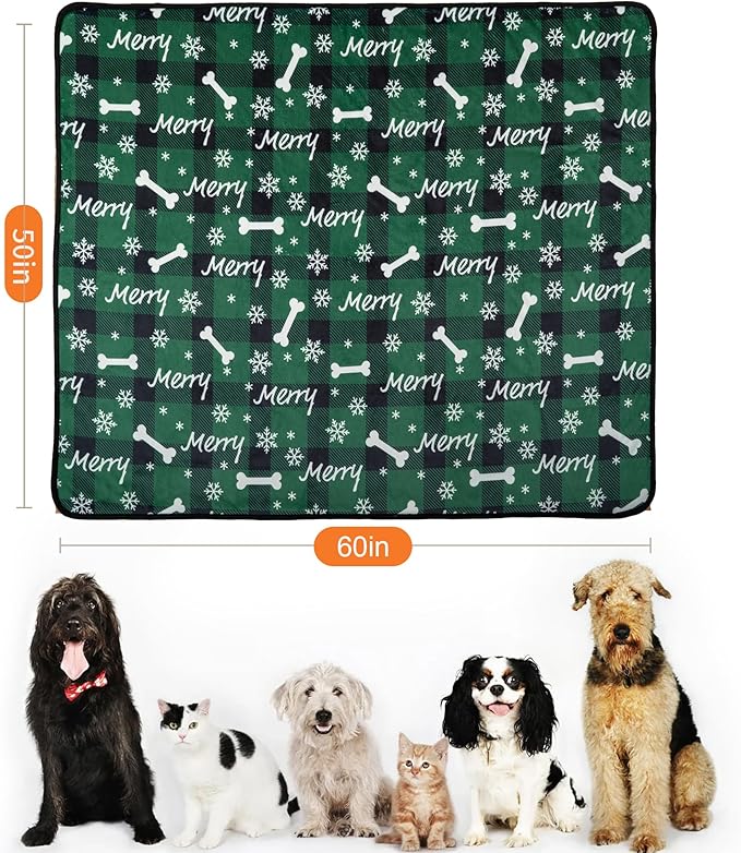 Waterproof Dog Blankets Pet Blanket 50"x60", Soft Fluffy Sofa Car Bed Protector, Reversible Sherpa Fleece Dog Blanket for Large Dogs Christmas Decor(Christmas Green)