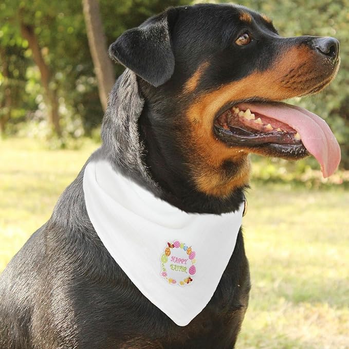 Easter Bandanas Solid Color Embroidered Soft Cotton Pet Scarf with Adustable Button,White,Large