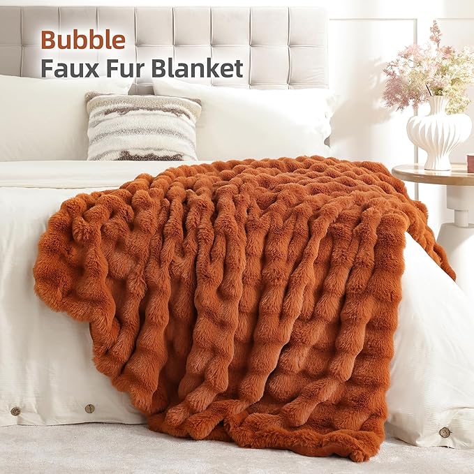 Smoofy Faux Fur Fall Throw Blanket for Couch – Burnt Orange Fluffy Cozy Rabbit Fleece, Plush Soft Bubble Blanket for Sofa & Bed, for Mom, Warm Fuzzy Home Room Decor Throw 60" x 80"