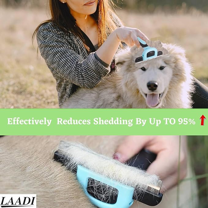 LAADI Deshedding Tool for Dogs and Cats - Reduces Shedding by Up to 95% in Less Than 10 Minutes - Professional Grooming Brush for All Hair Types - Ergonomic Design and Skin Massage Needles - Blue