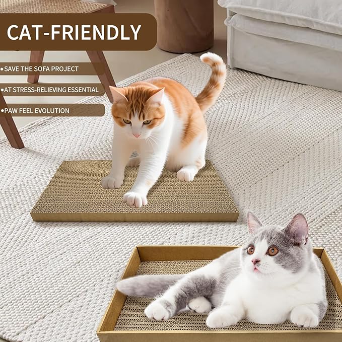 Cardboard Cat Scratcher Box Set of 2, 17 Inch Corrugated Cat Scratch Pad with 4 Double-Sided Curved Wave Shaped Pad for Indoor Cats Kitty Play Rest Grind Claws