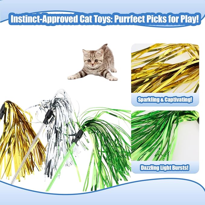 ADUCK Interactive Cat Teaser Wand Toy with Tassels - Durable Cat Chaser for Indoor Kitten Exercise, Boredom Relief & Training Play, Pack of 5 (Gold, Blue, Pink, Silver, Green)