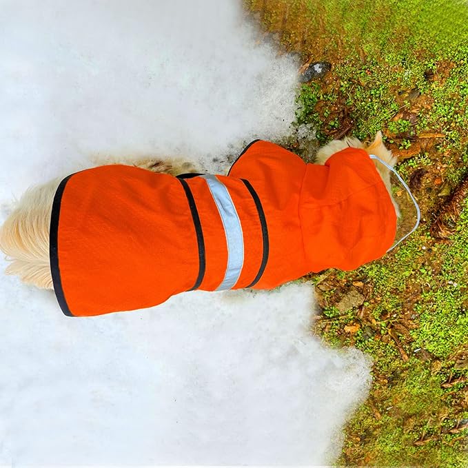 Dog Raincoat Waterproof Reflective Slicker - Lightweight Breathable Hooded Poncho Rain Coat Jacket with Adjustable Belly Strap and Leash Hole for Small Medium Large Dogs (Large, Orange)