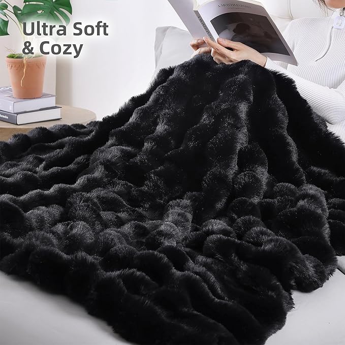 Smoofy Faux Fur Throw Blanket for Couch – Black Fluffy Cozy Rabbit Fleece, Plush Soft Bubble Blanket for Sofa & Bed, for Mom, Warm Fuzzy Home Room Decor Throw 60" x 80"