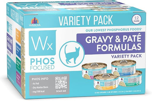 Weruva Wx Phos Focused Gravy and Pate Formulas 5.5oz Can Variety Pack, Pack of 12