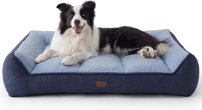 Bedsure Orthopedic Dog Beds Large Sized Dog - Extra Thick Supportive Large Dogs Bed with Waterproof Washable Cover, L Plus Comfort Pet Bed Sofa with Soft Plush Sherpa and Nonskid Bottom, Blue, 38"