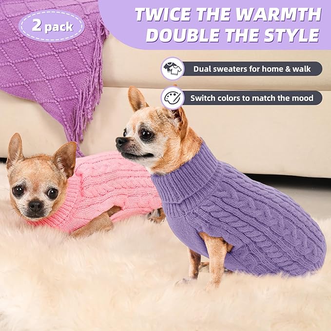 2 Pack Dog Sweaters for Small Dogs Turtleneck Pullover Cable Knit Puppy Stretch Clothes Chihuahua Yorkie Pomeranian Toy Poodle Boy Girl Pets Winter Doggie Clothes (S, Pink & Purple)