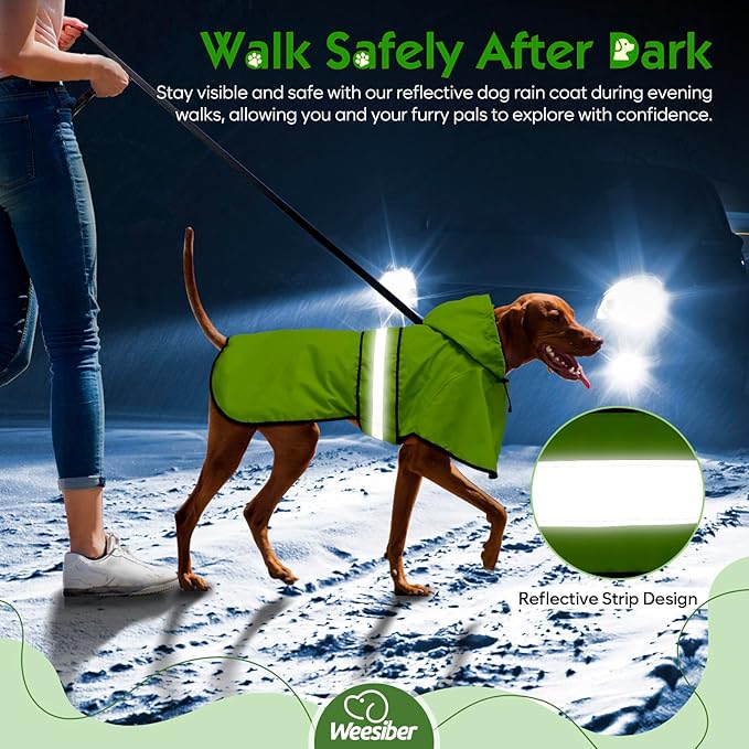 Weesiber Dog Raincoat, Waterproof Dog Rain Jacket with Leash Hole, Reflective Puppy Rainwear Hooded Pet Poncho Slicker for Walking (S, Green)