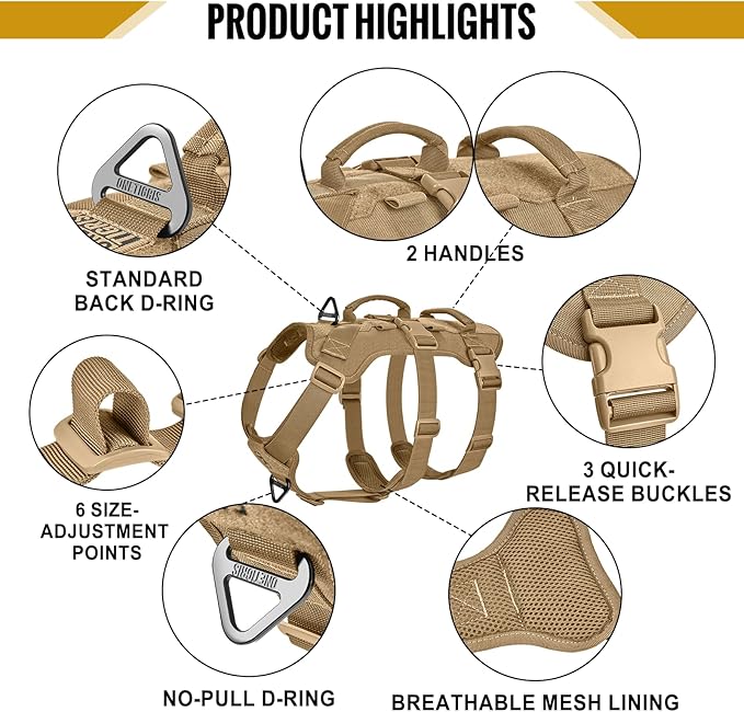OneTigris Escape Proof Dog Harness, No Pull Dog Harness with Handles, Tactical Multi-Use Support Dogs Harnes for Large Dogs Everyday Wear Walking Hiking Training (Brown, Large)