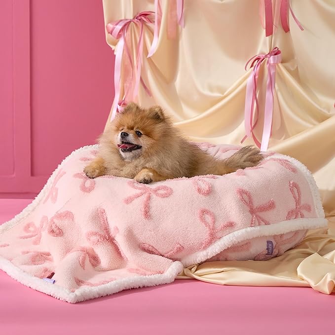 Lesure Waterproof Puppy Blanket for Small Dogs - Washable Double Sided Dog Blankets with Warm Jacquard Shag and Soft Sherpa Fleece, Pet Cat Blanket for Couch Protection, Bow Design,Pink Taffy