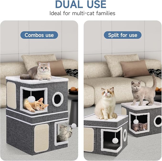 Shikha 2-Storey Cat Houses for Indoor Cats, Dual-Purpose Double Large Cat Beds Cave with Hideaway Condos, Scratch Pads, Fluffy Balls, Foldable Indoor Cat Cube House for Multi Small Pets Kitten, Grey