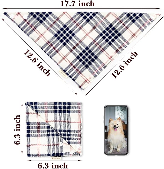 5PCS Dog Bandanas with Button - Thick Triangle Bibs Dual Layer Soft Cotton Scarves for Small Medium Boy Girl Puppy Cat Pet Baby Square Plaid Printing Washable Kerchief Halloween Costumes Outfits