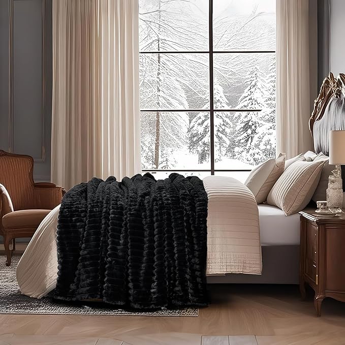 Amélie Home Faux Fur Throw Blanket for Couch, Cozy Fuzzy Fluffy Fur Luxurious Soft Striped Plush Gift Blankets for Family Sofa Chair Bedroom, 55"x70", Black
