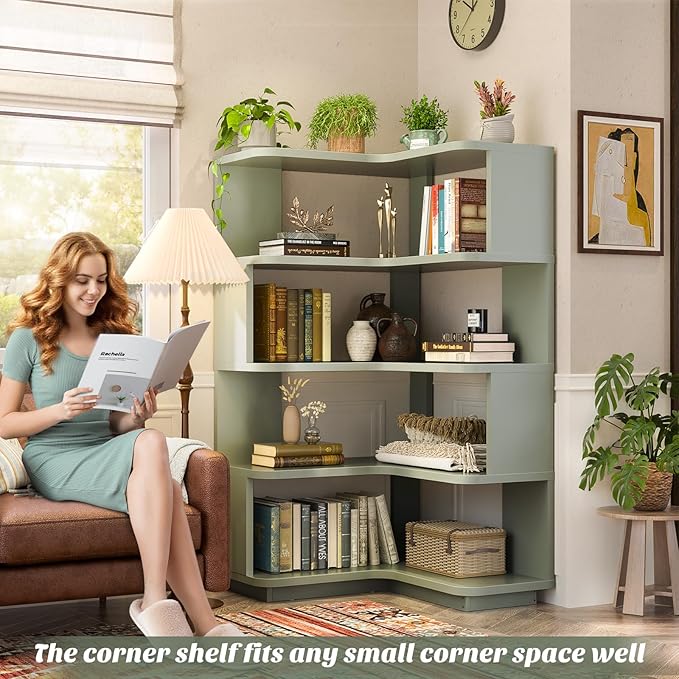 Armocity Corner Book Shelf - 5 Tier Corner Bookshelf Etagere Bookcase with Baffle, Freestanding L Shaped Display Shelf Stand for Home Office, Living Room, Bedroom, Kitchen, Crab Green