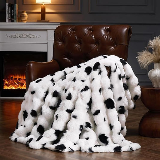 Faux Fur Throw Blanket for Couch, Fluffy Fuzzy Plush Bubble Blanket, Soft Warm Cozy Shaggy Rabbit Blanket, Luxury Decorative Gifts for Sofa Bedroom Living Room, 60x50inch (Cow Color)