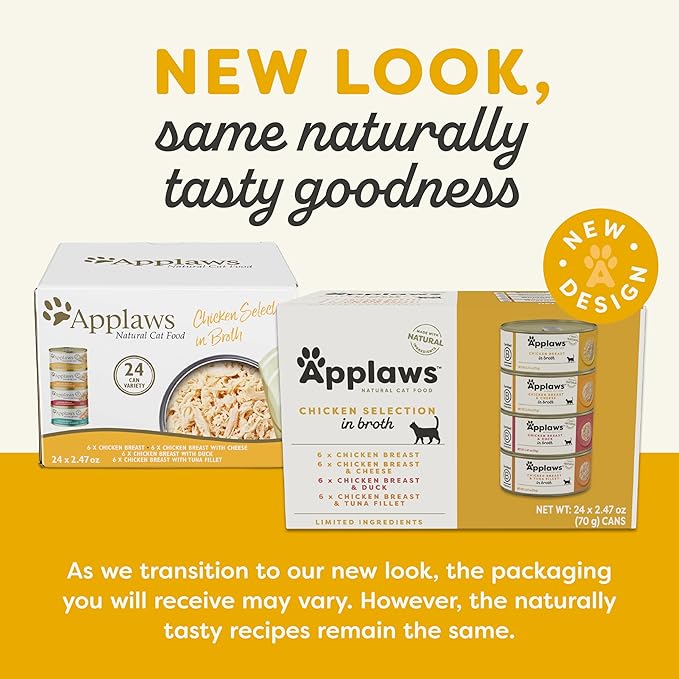 Applaws Natural Wet Canned Cat Food, Limited and Natural Ingredients, High Protein with No Artificial Additives, Chicken Selection Variety Pack in Broth (24 x 2.47oz Cans)