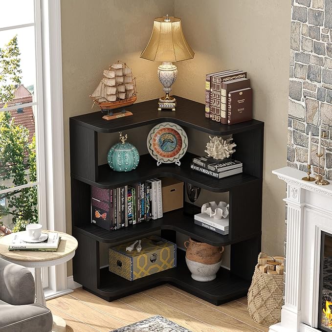 Armocity Corner Book Shelf - 4 Tier Corner Bookshelf Etagere Bookcase with Baffle, Freestanding L Shaped Display Shelf Stand for Home Office, Living Room, Bedroom, Kitchen, Black