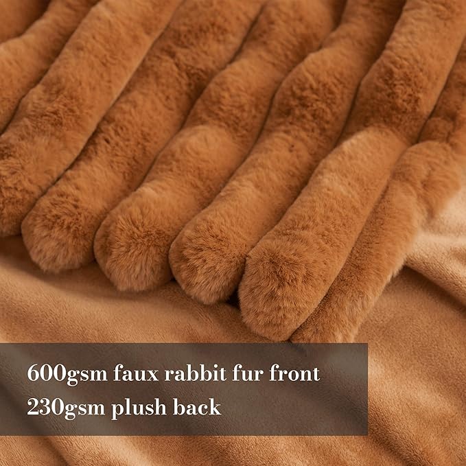 Amélie Home Faux Fur Throw Blanket for Couch, Cozy Fuzzy Fluffy Fur Luxurious Soft Striped Plush Gift Blankets for Family Sofa Chair Bedroom, 55"x70", Brown